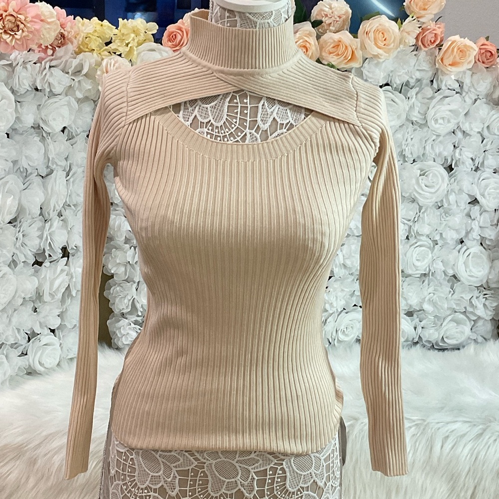 Ribbed Turtleneck Cutout Sweater
